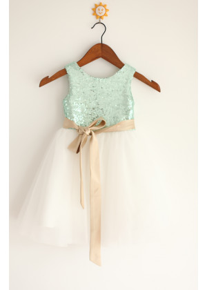 Mint Sequin Ivory Tulle Champagne Sash Flower Girl Dress
